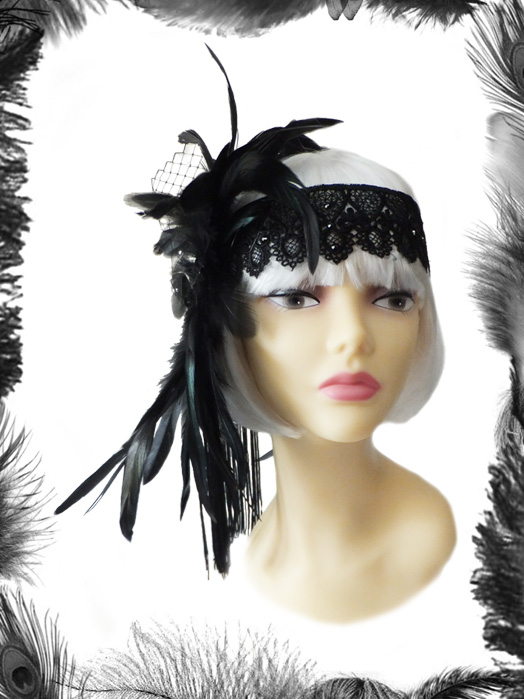 gothic flapper burlesque feathers, lace, swarovski headdress