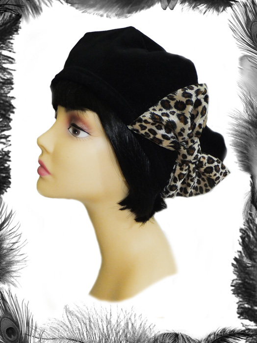 leopard print bow velvet beret hat, rockabilyl couture