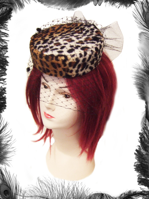 leopard print pill box hat, dita, rockabilly hat