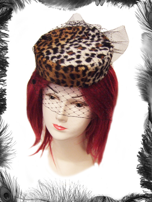 leopard print pill box hat, rockabilly, dita