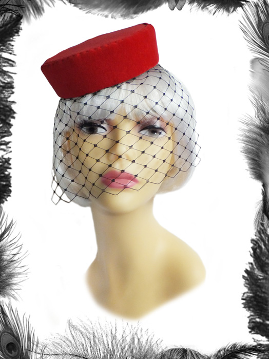 red velvet pill box hat, burlesque, vintage style