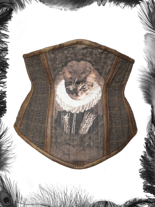 tweed leather pirate cat underbust corset, steampunk corset