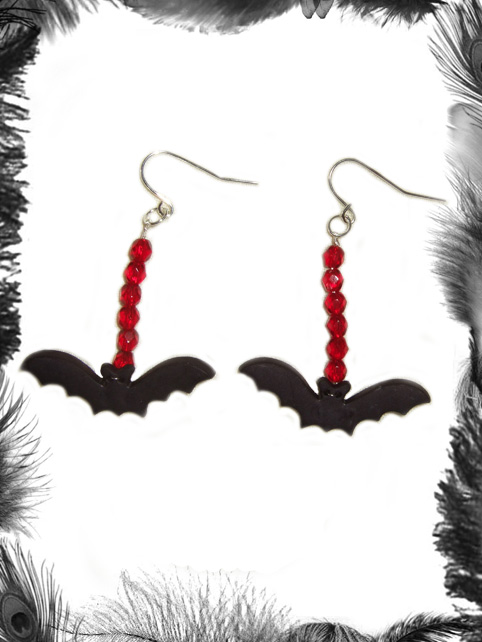 bat and bead earrings, gothic, psychobilly