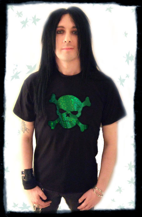 skull foil tshirt, glam rock, green, red