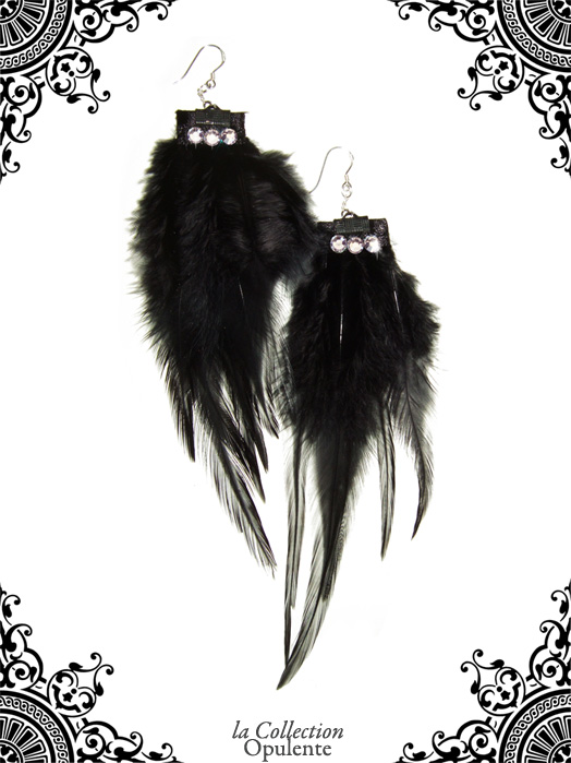 feather swarovski sterling silver earrings, couture burlesque
