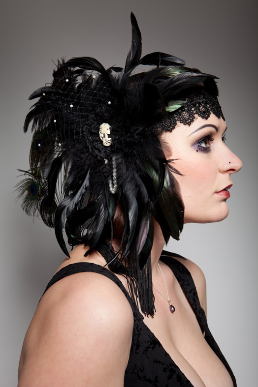 gothic flapper burlesque feathers, lace, swarovski headdress