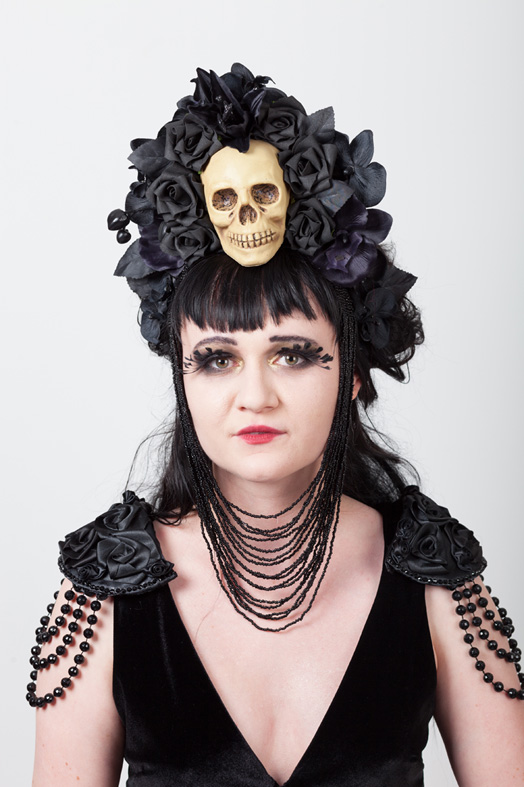 gothic skull, roses and beads headdress
