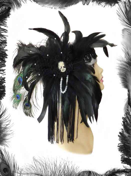 gothic flapper burlesque feathers, lace, swarovski headdress