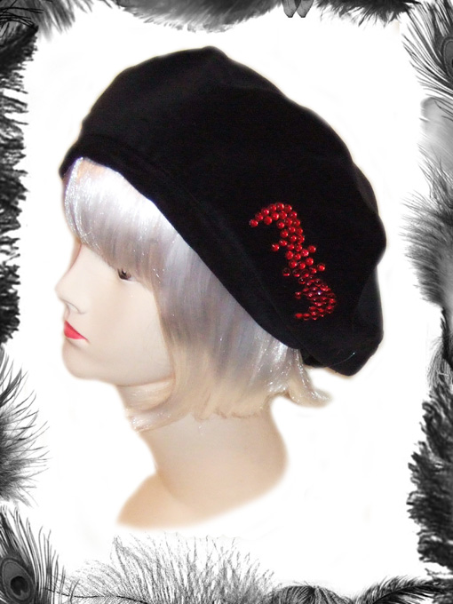 gothic velvet beret hat with bat motif, vampire