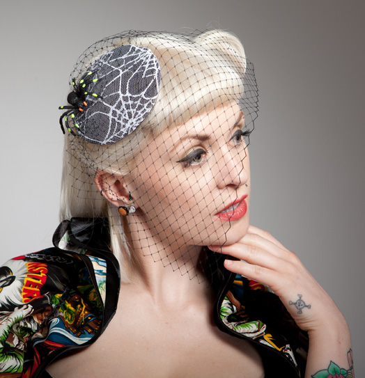 spider on spider web lace cocktail hat, gothic, psychobilly accessory