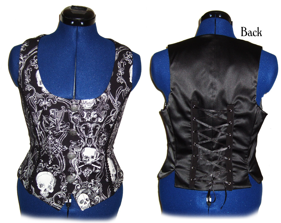 womens gothic alexander henry print, satin, corset ties waistcoat