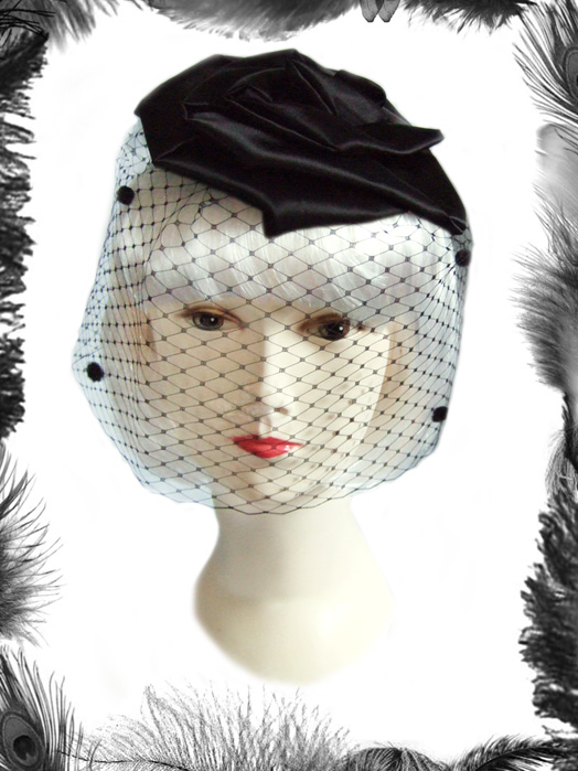 satin rose and birdcage veil cocktail hat, fascinator, vintage inspired