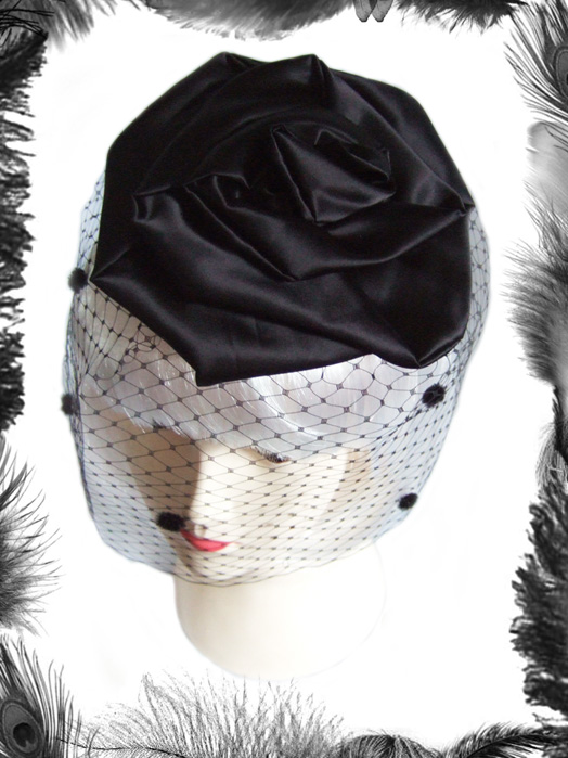 satin rose and birdcage veil cocktail hat, vintage inspired