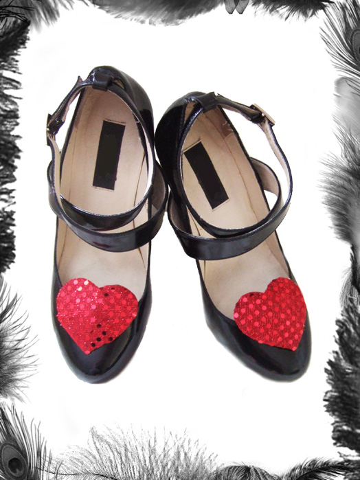 large sequin hearts shoe clips, burlesque accessory