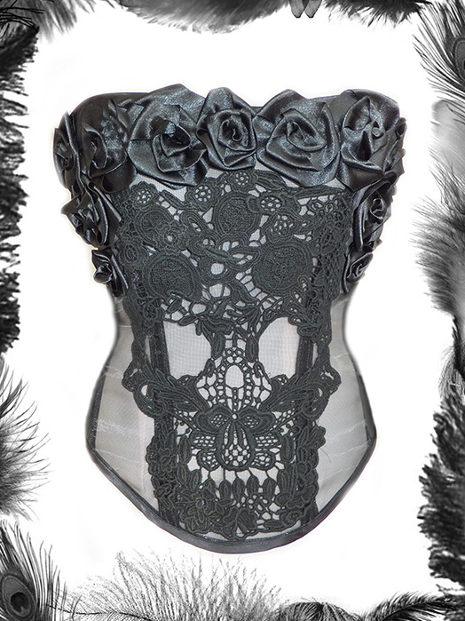 Lace Skull & Roses, Mesh Corset Lace Skull & Roses, Mesh Corset