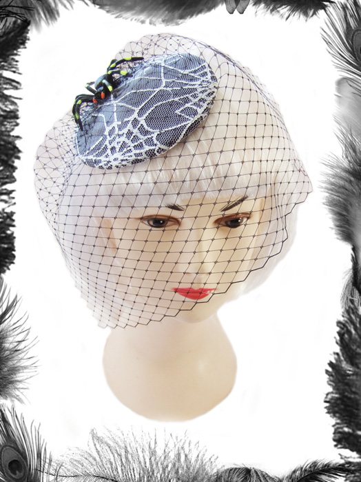 spider on spider web lace cocktail hat, gothic, psychobilly accessory