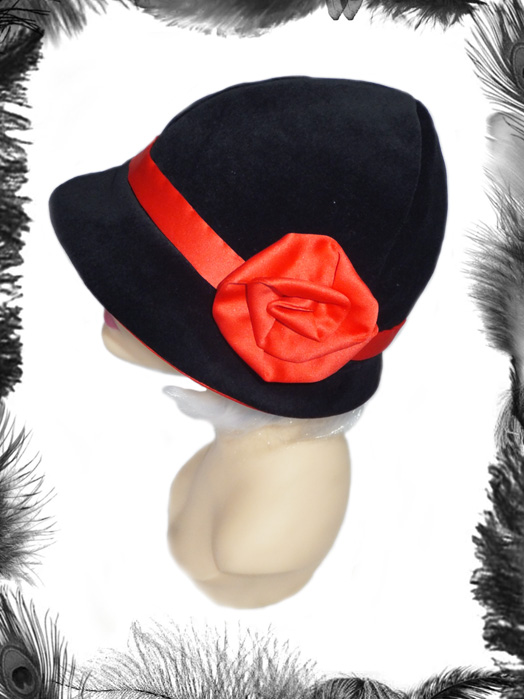 1920s style velvet satin rose cloche hat